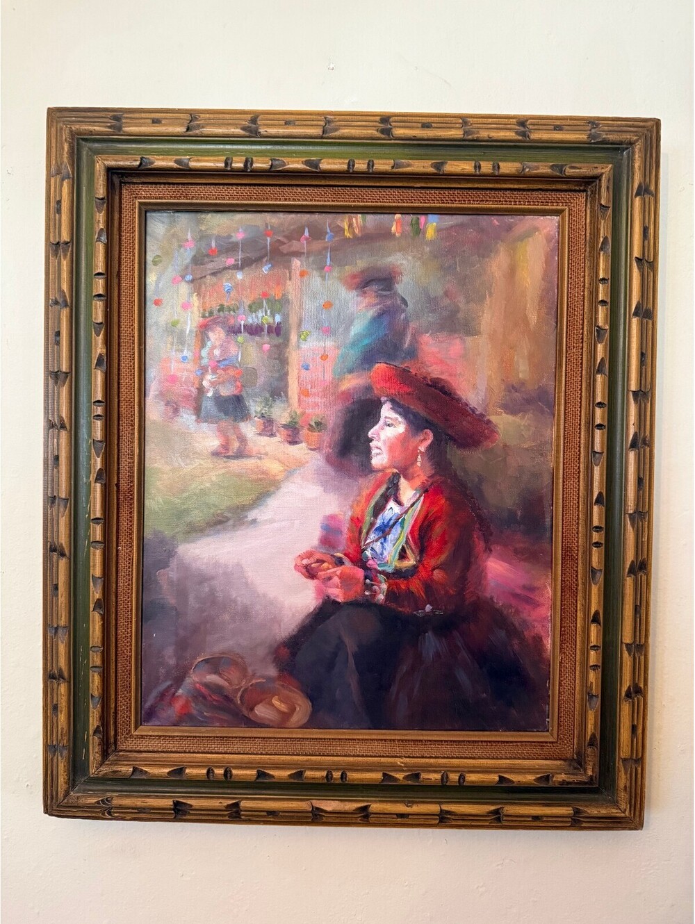 Framed Oil Painting of Woman in Traditional Attire in a Market Unknown Arist